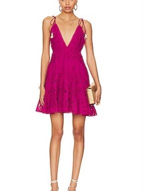 Rococo Sand Sasha Hot Pink Lace Tie-Shoulder V-Neck Mini Dress